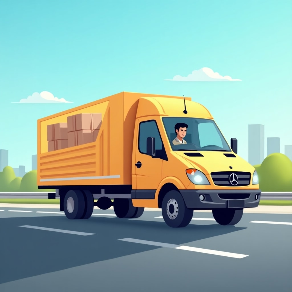 AI generated image for A delivery truck driving on a sunny day, showcasin